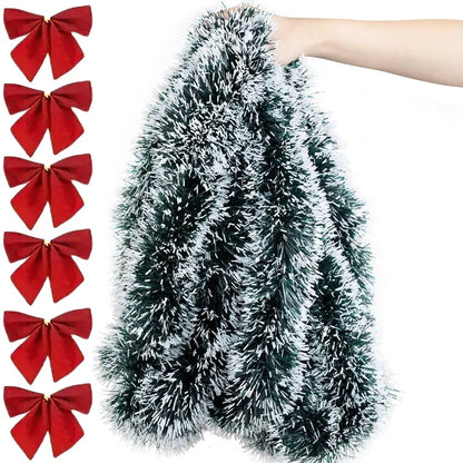 Kerst Guirlande met Strik en Glanzend Lint – Groene Decoratieve Slinger voor Boom, Krans en Feestdecoratie