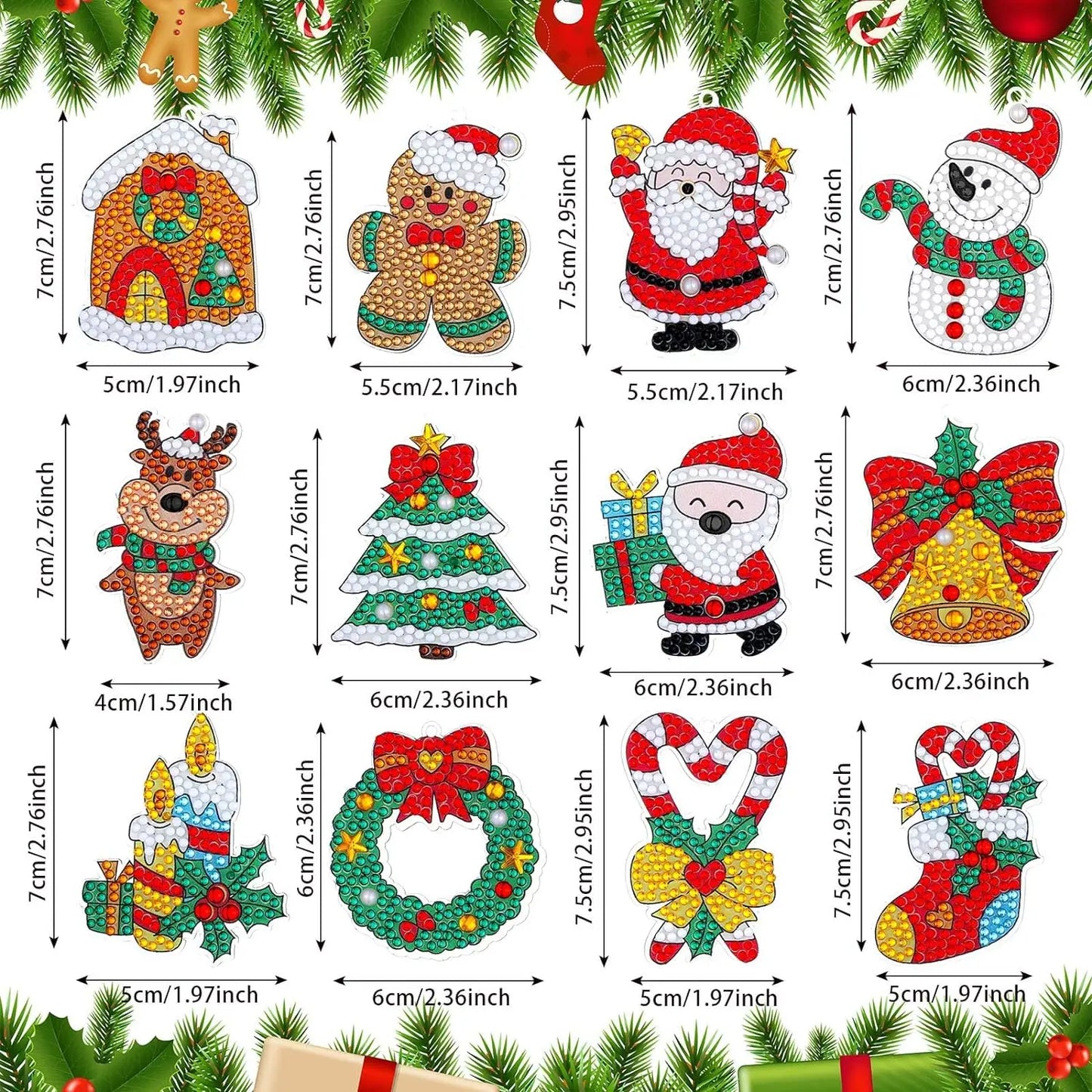 Diamond Painting Kerst Sleutelhangers 12 stuks met kristallen strass