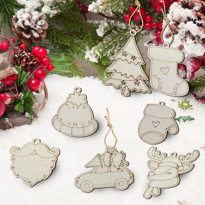 Houten figuur om zelf te schilderen/kleuren – 8 stuks kerst herten, auto’s en mutsen hangornamenten
