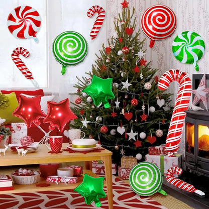 Opblaasbaar Kerst ornament snoepstok en ster decoratie in rood en groen