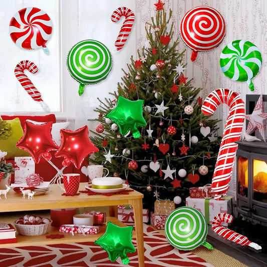 Opblaasbaar Kerst ornament snoepstok en ster decoratie in rood en groen