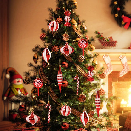 Kerstboom ornamenten rode kerstballen en zuurstok hangers set 14 stuks
