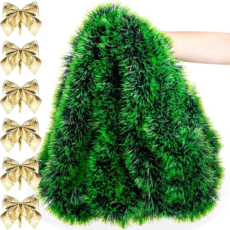 Kerst Guirlande met Strik en Glanzend Lint – Groene Decoratieve Slinger voor Boom, Krans en Feestdecoratie