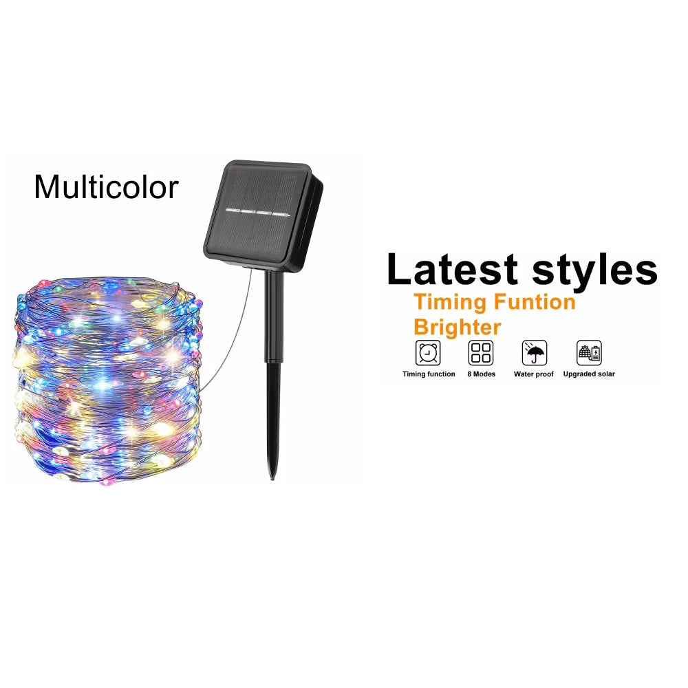 Solar Kerstverlichting multicolor buiten – koperkleurige draad met 8 lichtstanden