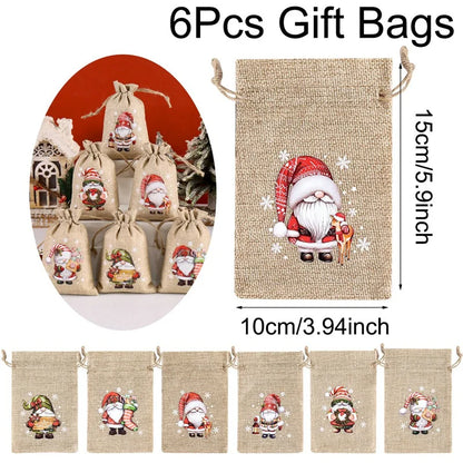 Kerst cadeauverpakking linnen trekkoord zakjes set van 6 stuks