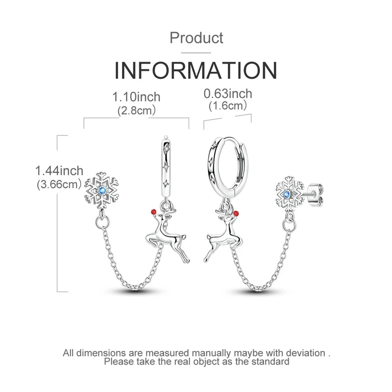 Kerst oorbellen rendier met sneeuwvlok van 925 sterling zilver en zirconia