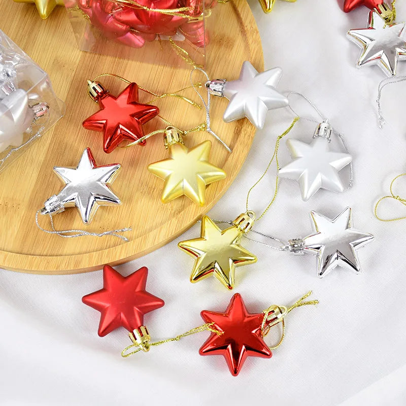 Kerstboom ornamenten gouden, rode of zilveren sterren set van 12 kerstballen hangdecoratie