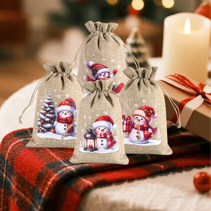 Kerst cadeauverpakking linnen trekkoord zakjes set van 6 stuks