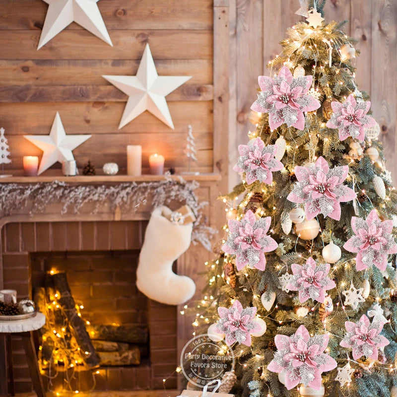 Kerstboom ornament glitter bloemen set 14cm kerstdecoratie