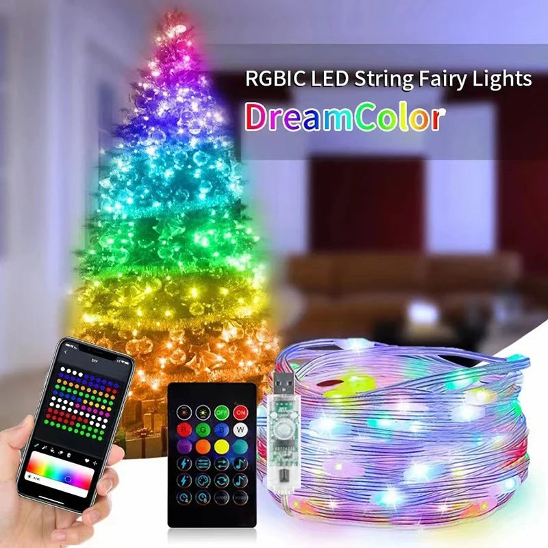 Slimme Kerstverlichting – RGBIC LED Lichtslang met Bluetooth & App – USB Aangedreven, Waterdicht, Tot 40 Meter – Inclusief Afstandsbediening