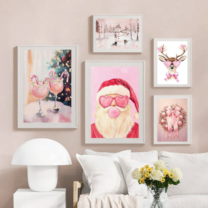 Kerst schilderij rendier en kerstman roze kerstkrans wanddecoratie