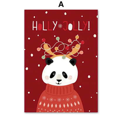 Kerst schilderij (canvas) panda met kerstboom en sneeuwvlokken – moderne wanddecoratie