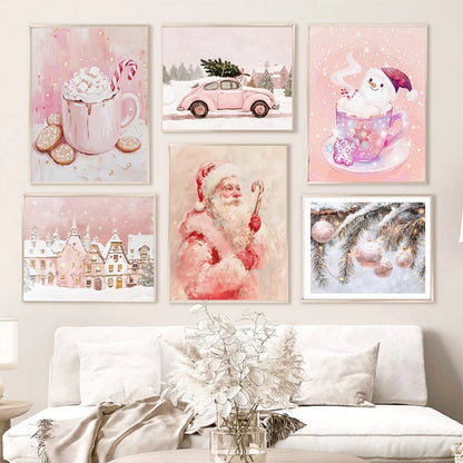 Kerst schilderij rendier en kerstman roze kerstkrans wanddecoratie