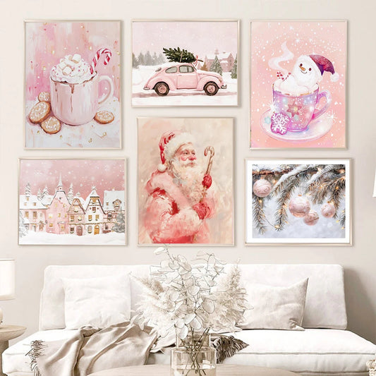 Kerst schilderij rendier en kerstman roze kerstkrans wanddecoratie