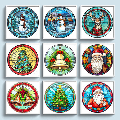 Borduurpakket Kerst – Glas-in-lood Kerstman, Kerstboom, Sneeuwpop