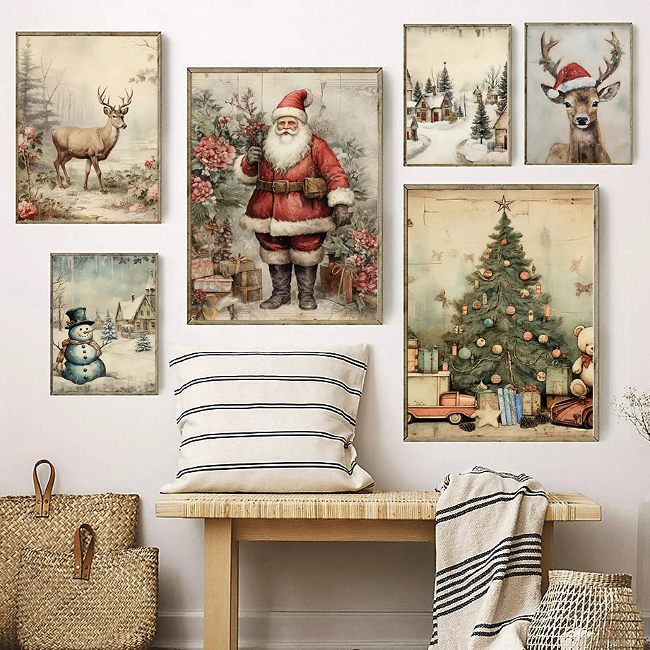 Kerst schilderij Santa Claus bij kerstboom – klassieke winter decoratie op canvas