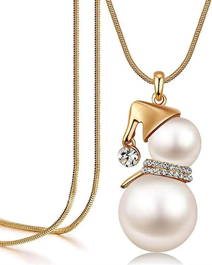 Kerst ketting sneeuwpop met parel en kristal – feestelijke lange ketting voor dames