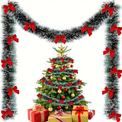 Kerst Guirlande met Strik en Glanzend Lint – Groene Decoratieve Slinger voor Boom, Krans en Feestdecoratie