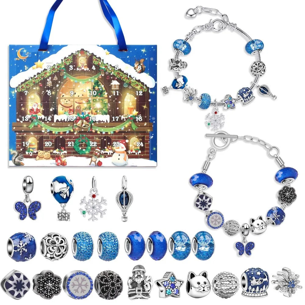 Advent kalender bedelarmbanden blauw met 24 verrassingen – kerstcadeau box