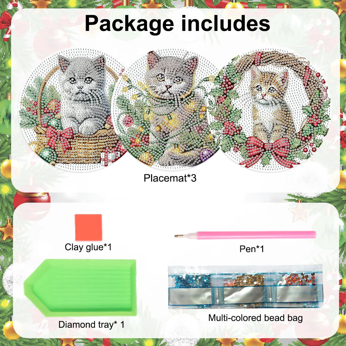 Diamond Painting Placemat met Schattige Kat – Set van 3 – DIY Tafeldecoratie