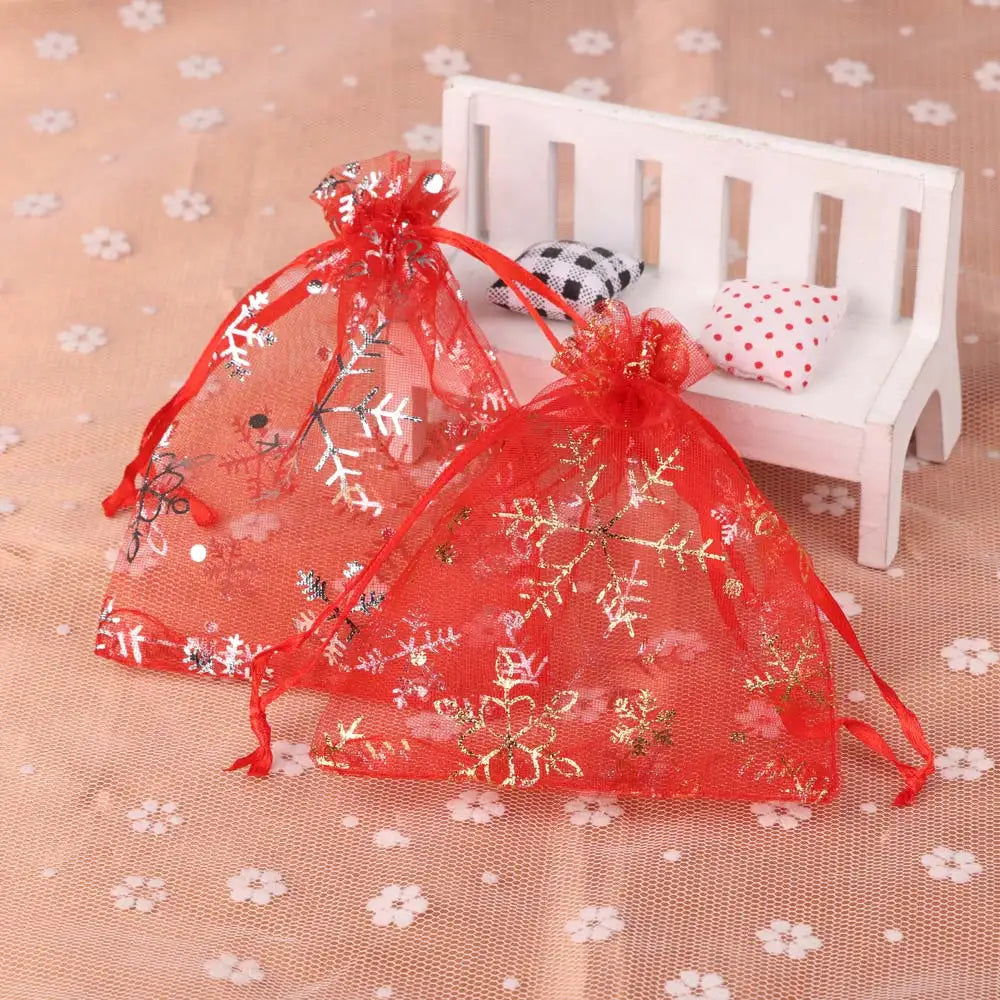 Kerst cadeau verpakking organza sneeuwvlok zakjes rood wit voor sieraden en snoep