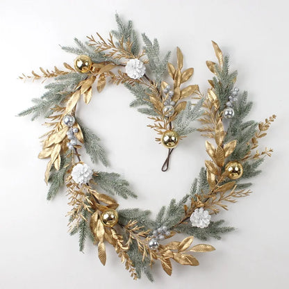 Kerst Guirlande met Dennenappels, Gouden Takken en Besneeuwde Naalden – Deurdecoratie