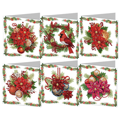 Diamond Painting Kerstkaarten set 6 stuks met bloemen en strass steentjes