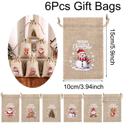 Kerst cadeauverpakking linnen trekkoord zakjes set van 6 stuks