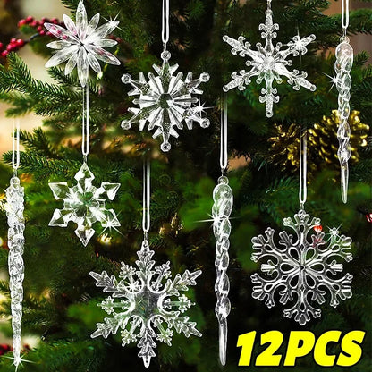 Set kersthangers kristallen sneeuwvlokken en ijspegels – transparante decoratie