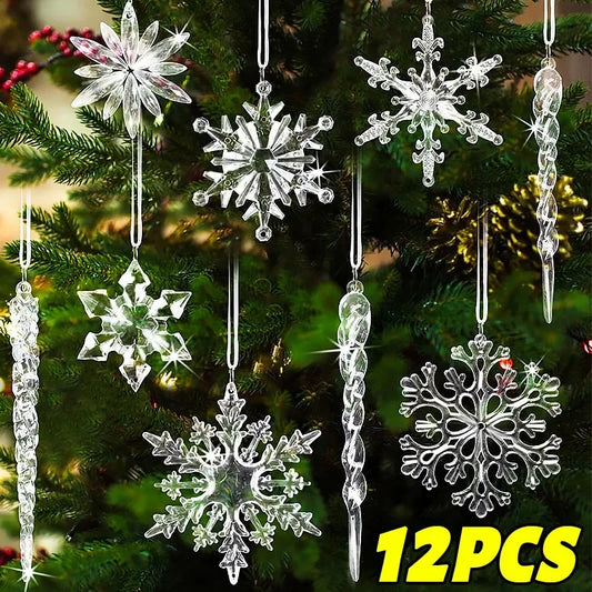 Set kersthangers kristallen sneeuwvlokken en ijspegels – transparante decoratie