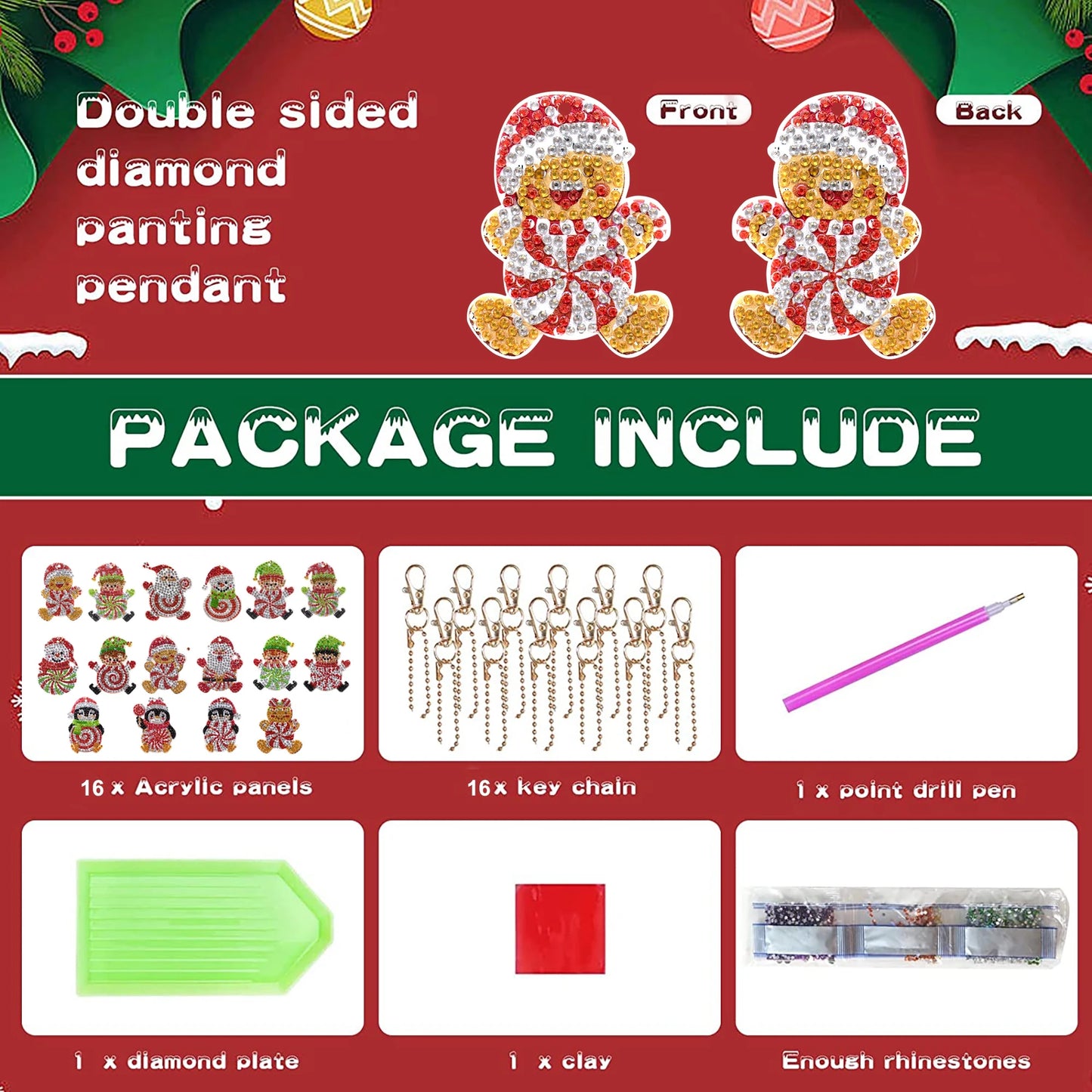 Diamond Painting Kerst Sleutelhangers 16-delig met pinguïns, kerstman en meer
