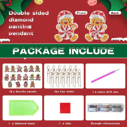 Diamond Painting Kerst Sleutelhangers 16-delig met pinguïns, kerstman en meer