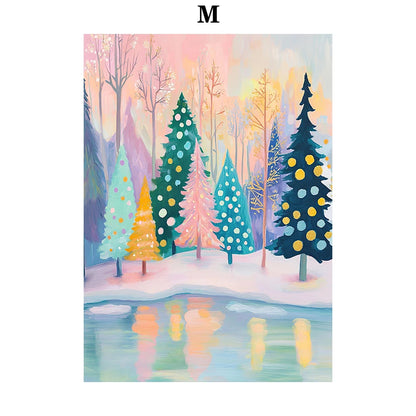 Kerst schilderij sfeervol nachtelijk sneeuwhuis met kerstboom op canvas