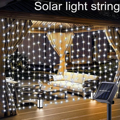 Kerst lichtgordijn op zonne-energie met 8 lichtstanden voor buiten