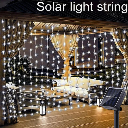 Kerst lichtgordijn op zonne-energie met 8 lichtstanden voor buiten