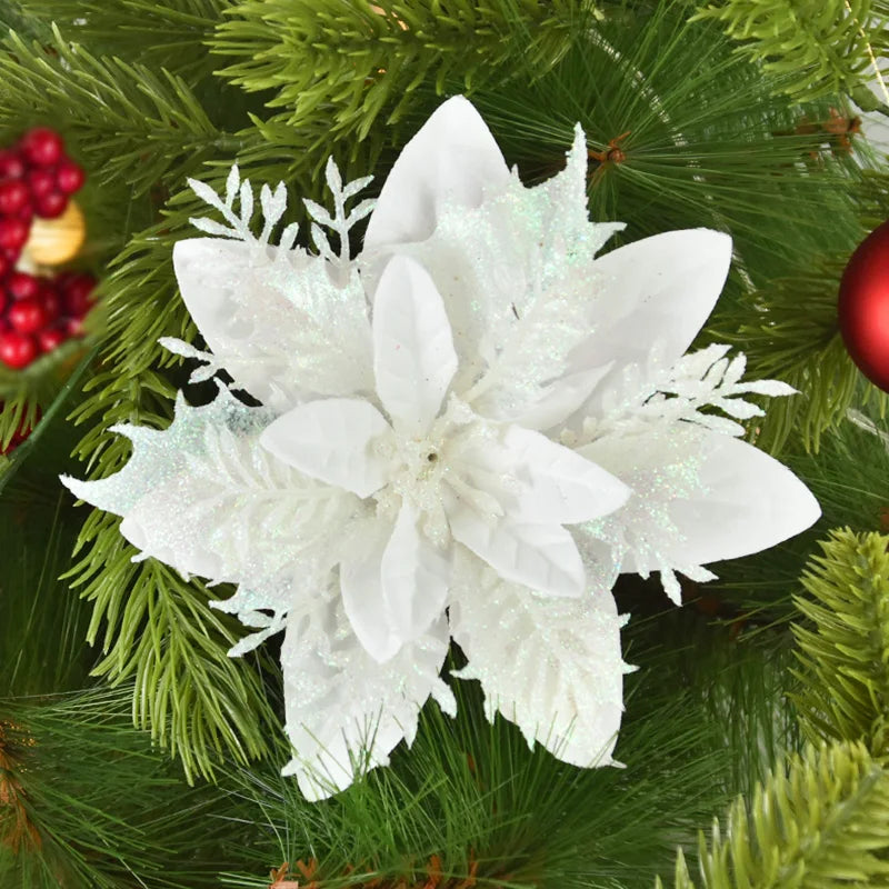 Kerstboom ornamenten glitter bloemen 14cm kerstdecoratie set