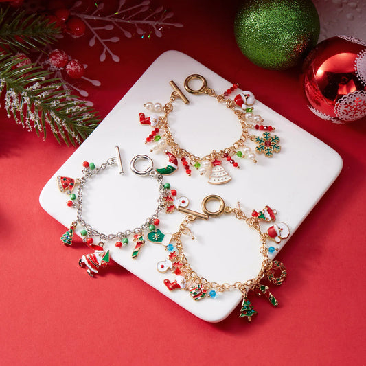 Kerst armband met metalen schakels, kerstman, sneeuwvlok en parels