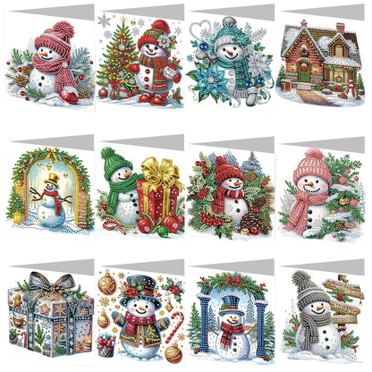 Diamond Painting Kerstkaarten set – 12 stuks sneeuwpop design