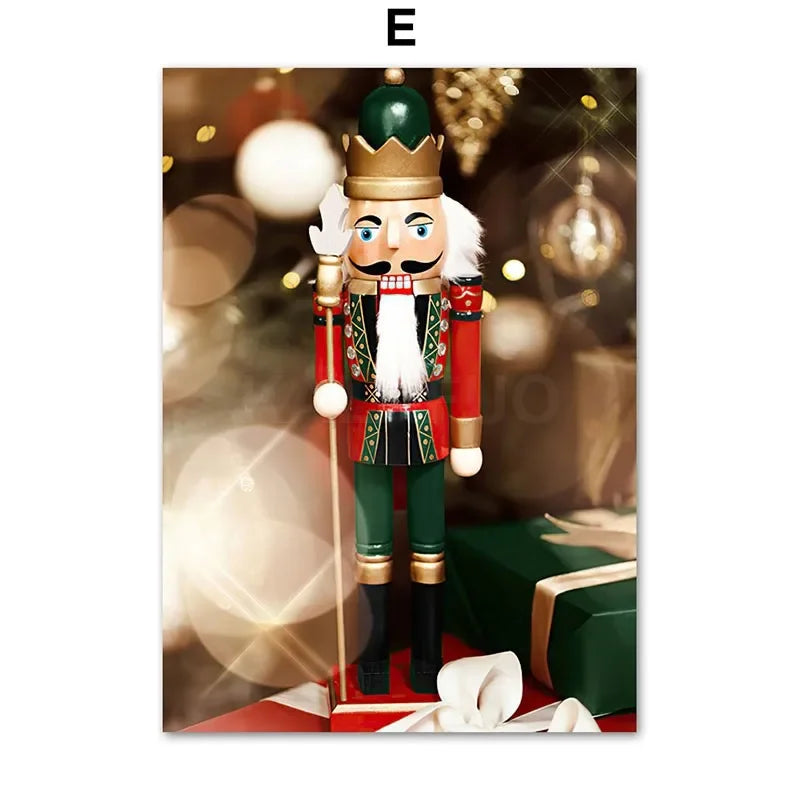 Kerst schilderij rode amaryllis met kerstboom en notenkraker – sfeervolle wanddecoratie