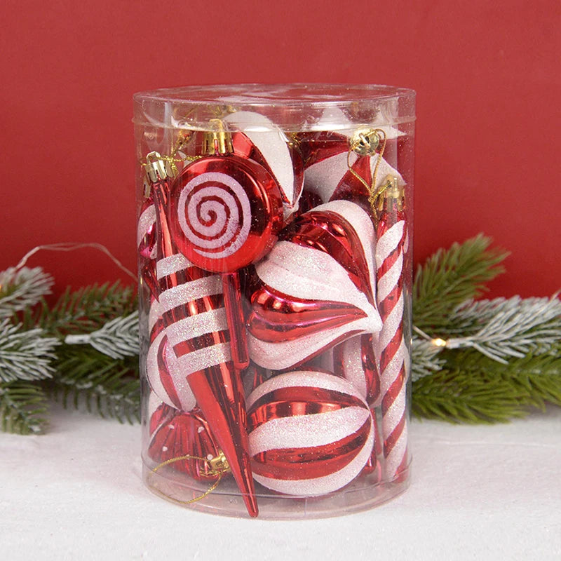 Kerstboom ornamenten rode kerstballen en zuurstok hangers set 14 stuks