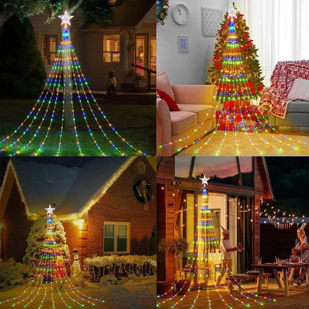Led Kerstboom Waterval Verlichting met 350 Gekleurde Stervormige LED’s voor Buiten