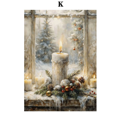 Kerst schilderij met kerstman, sneeuwpop, rendier en arrenslee wintertafereel
