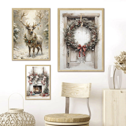 Kerst schilderij met kerstman, sneeuwpop, rendier en arrenslee wintertafereel