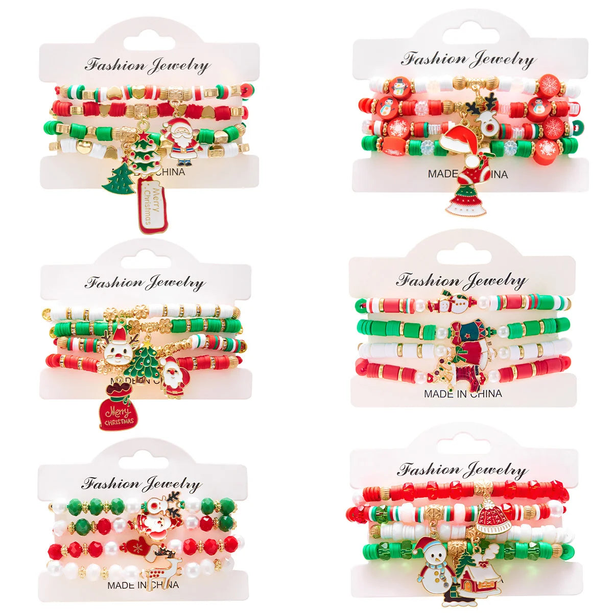 Kerst armband set met kerstboom rendier en kerstman kralen (4 stuks)