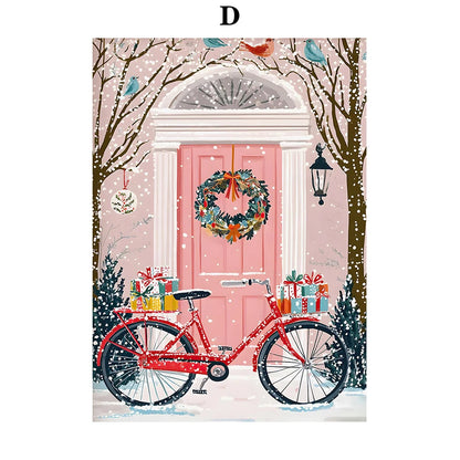 Kerst schilderij roze strik cadeau kerstboom sneeuwhuis slee poster