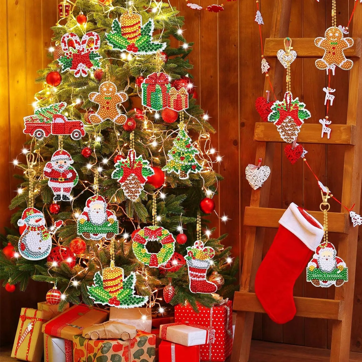 Diamond Painting Kerst Sleutelhangers – 12-delige Dubbelzijdige Set