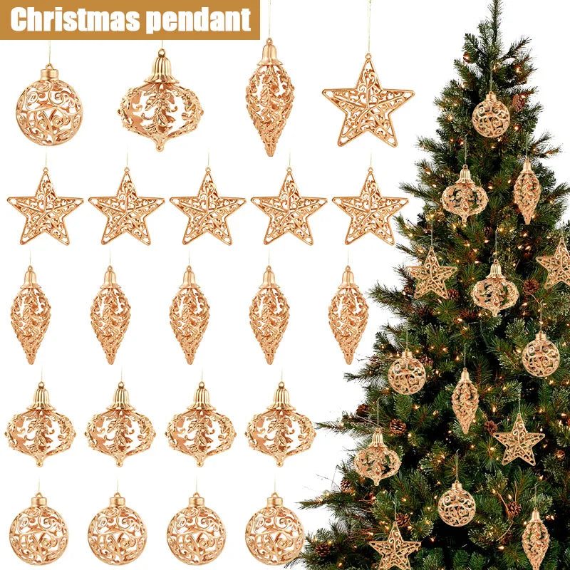 Kerstballen set goud met holle ster hangers voor kerstboomdecoratie