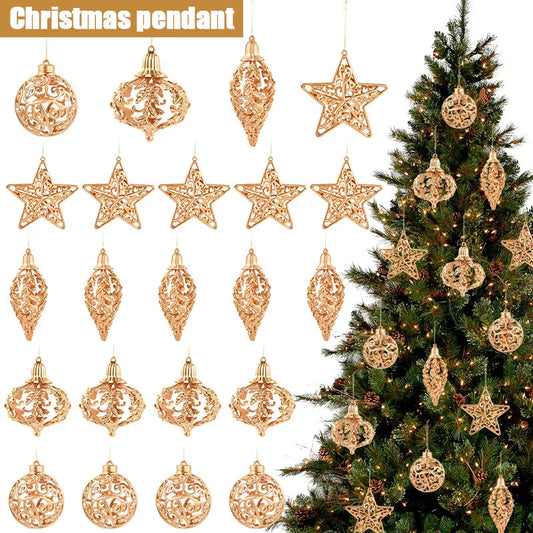 Kerstballen set goud met holle ster hangers voor kerstboomdecoratie