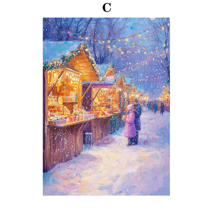 Kerst schilderij sfeervol nachtelijk sneeuwhuis met kerstboom op canvas