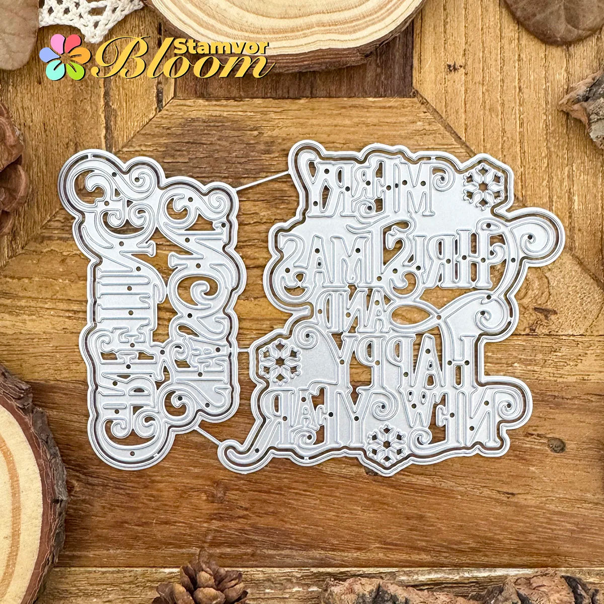 Snijmal Kerstlagen SEASONS GREETINGS en MERRY CHRISTMAS voor kaarten